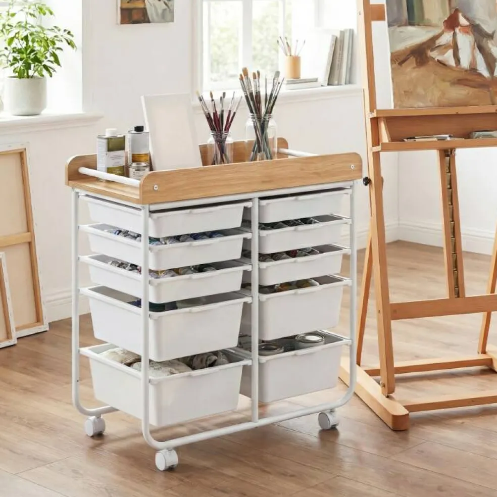 10 Drawer Rolling Storage Cart With Wheels Organizer MDF Top Metal Frame For Office Craft Supplies