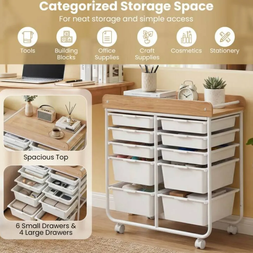 10 Drawer Rolling Storage Cart With Wheels Organizer MDF Top Metal Frame For Office Craft Supplies