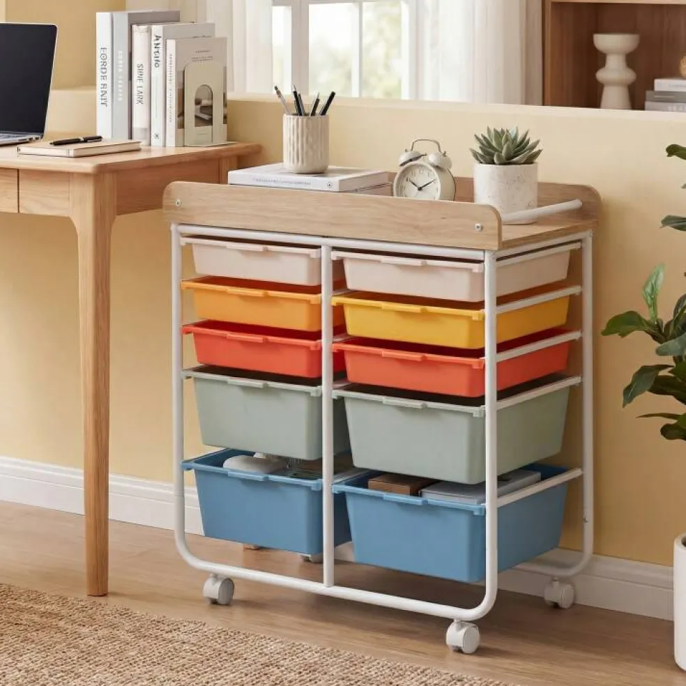 10 Drawer Rolling Storage Cart With Wheels Organizer MDF Top Metal Frame For Office Craft Supplies