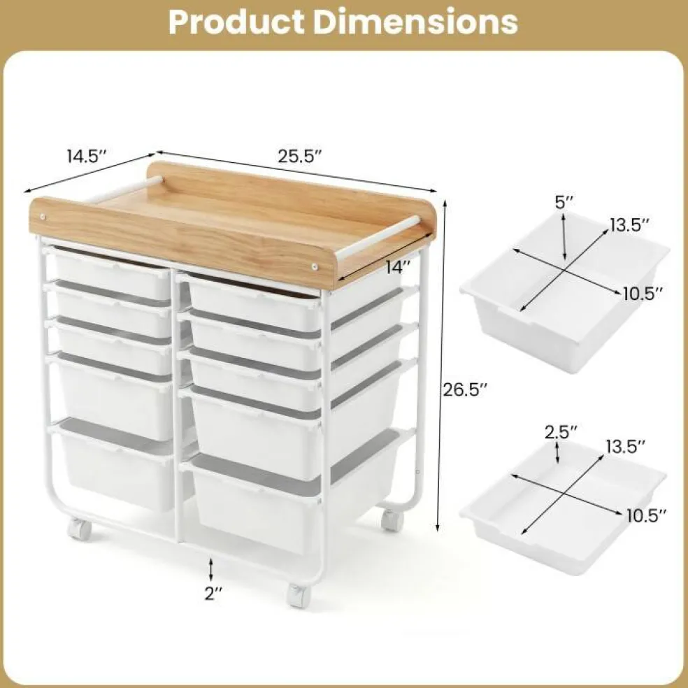 10 Drawer Rolling Storage Cart With Wheels Organizer MDF Top Metal Frame For Office Craft Supplies