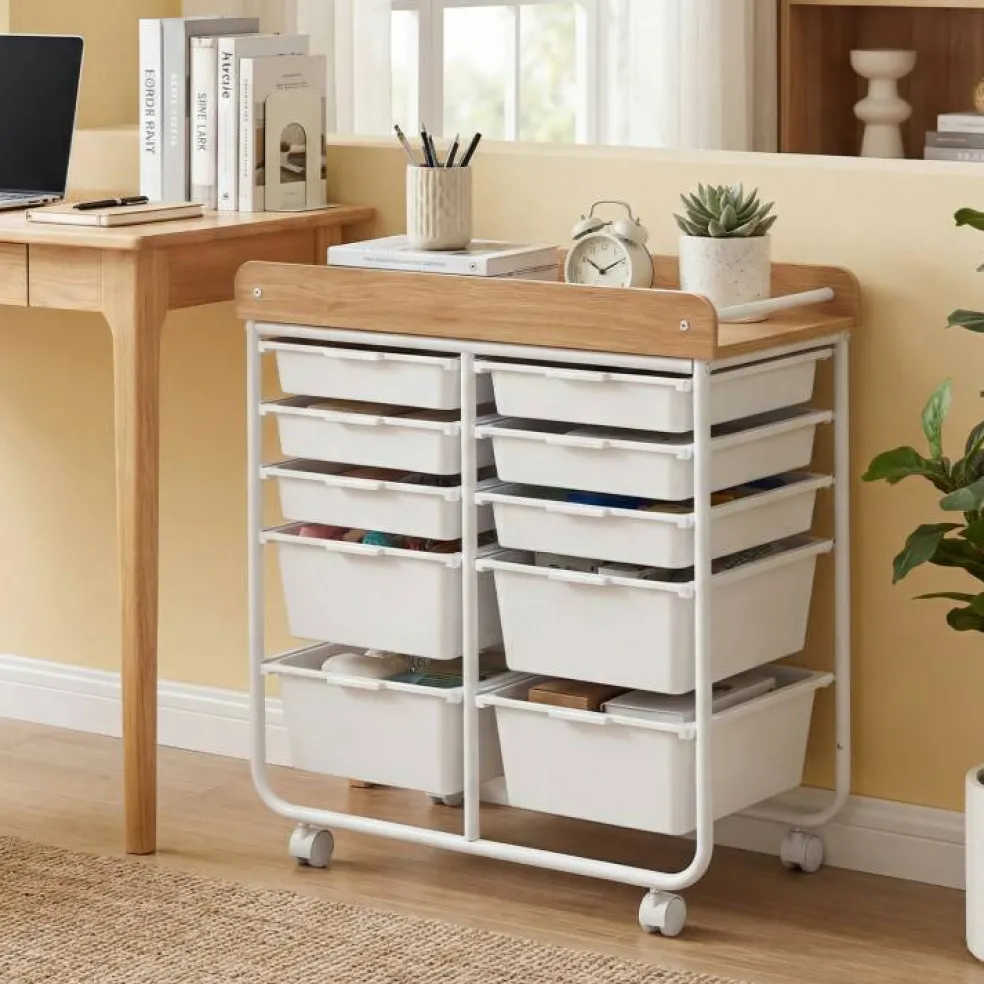 10 Drawer Rolling Storage Cart With Wheels Organizer MDF Top Metal Frame For Office Craft Supplies