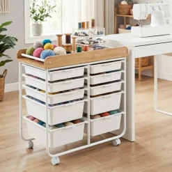 10 Drawer Rolling Storage Cart With Wheels Organizer MDF Top Metal Frame For Office Craft Supplies