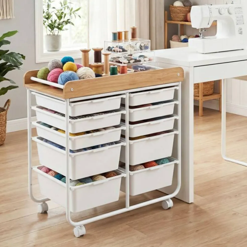 10 Drawer Rolling Storage Cart With Wheels Organizer MDF Top Metal Frame For Office Craft Supplies