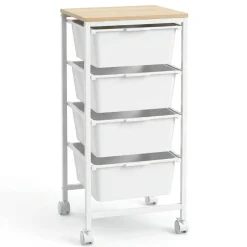 4-Drawer Rolling Storage Cart with Wooden Top, Mobile Utility Organizer with Lockable Wheels for Office, Craft Room and Home, Natural and White