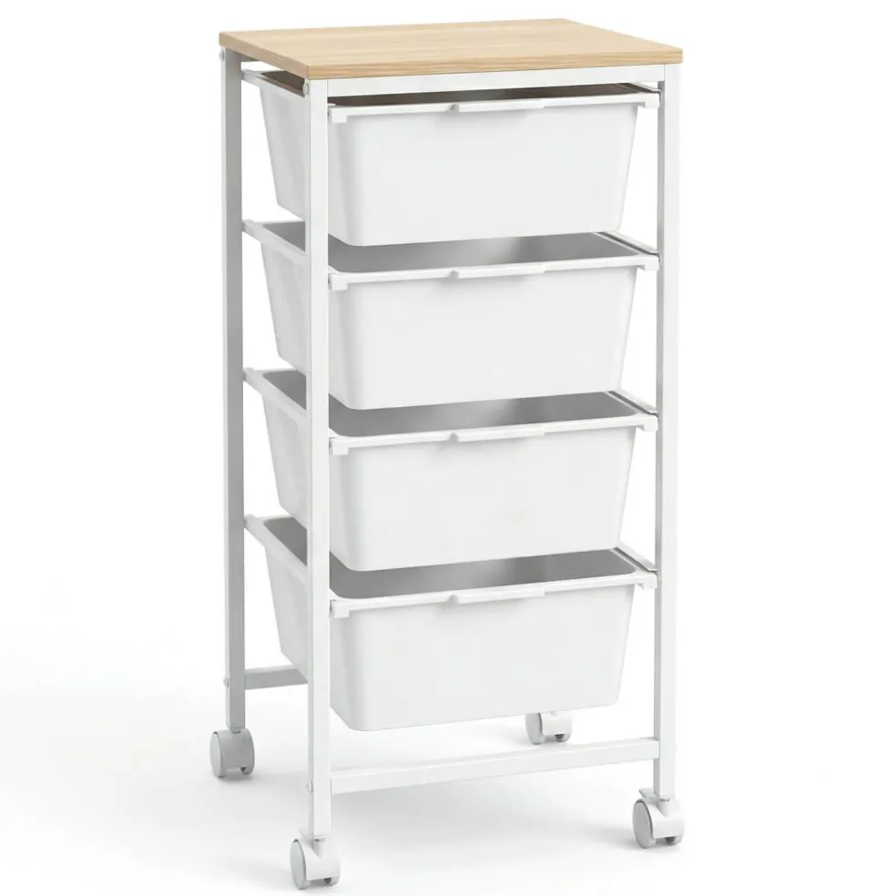 4-Drawer Rolling Storage Cart with Wooden Top, Mobile Utility Organizer with Lockable Wheels for Office, Craft Room and Home, Natural and White