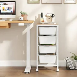 4-Drawer Rolling Storage Cart with Wooden Top, Mobile Utility Organizer with Lockable Wheels for Office, Craft Room and Home, Natural and White