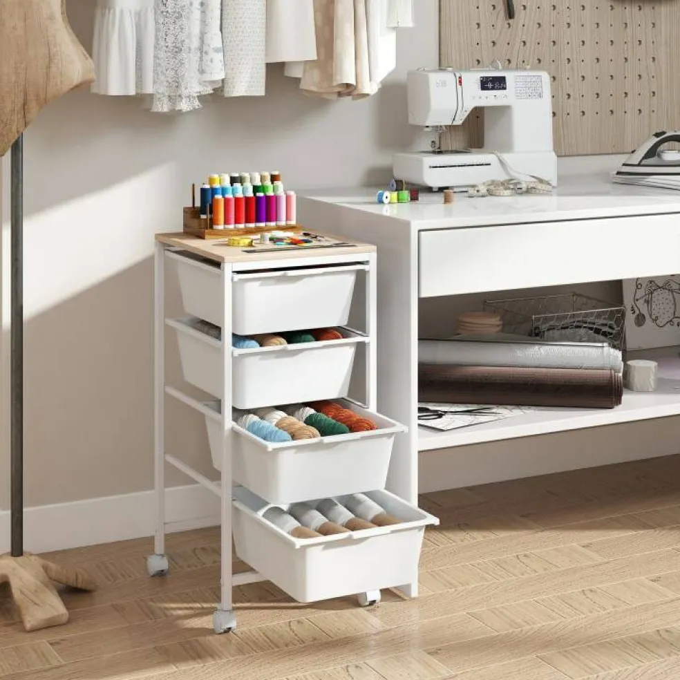 4-Drawer Rolling Storage Cart with Wooden Top, Mobile Utility Organizer with Lockable Wheels for Office, Craft Room and Home, Natural and White