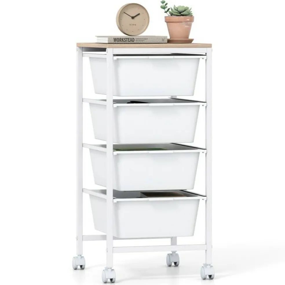 4-Drawer Rolling Storage Cart with Wooden Top, Mobile Utility Organizer with Lockable Wheels for Office, Craft Room and Home, Natural and White