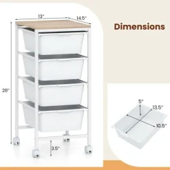 4-Drawer Rolling Storage Cart with Wooden Top, Mobile Utility Organizer with Lockable Wheels for Office, Craft Room and Home, Natural and White