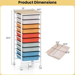 10-Drawer Rolling Storage Cart with Wood Top, Mobile Organizer Cabinet with 4 Casters, 2 Lockable Wheels, for Office, Craft Room, Beauty Station