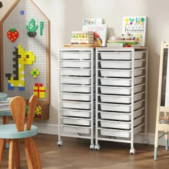 10-Drawer Rolling Storage Cart with Wood Top, Mobile Organizer Cabinet with 4 Casters, 2 Lockable Wheels, for Office, Craft Room, Beauty Station