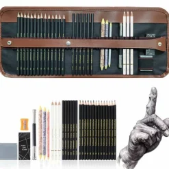 29 Drawing Sketching Pencils Kit, Portable Artist Supples Travel Case Set has Graphite, Charcoal, white color pencil, Blending Stump, gift for Adults Beginners for Drawing Sketch