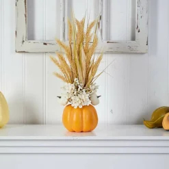 21" Dried Wheat And Pumpkin Fall Arrangement In Pumpkin Vase