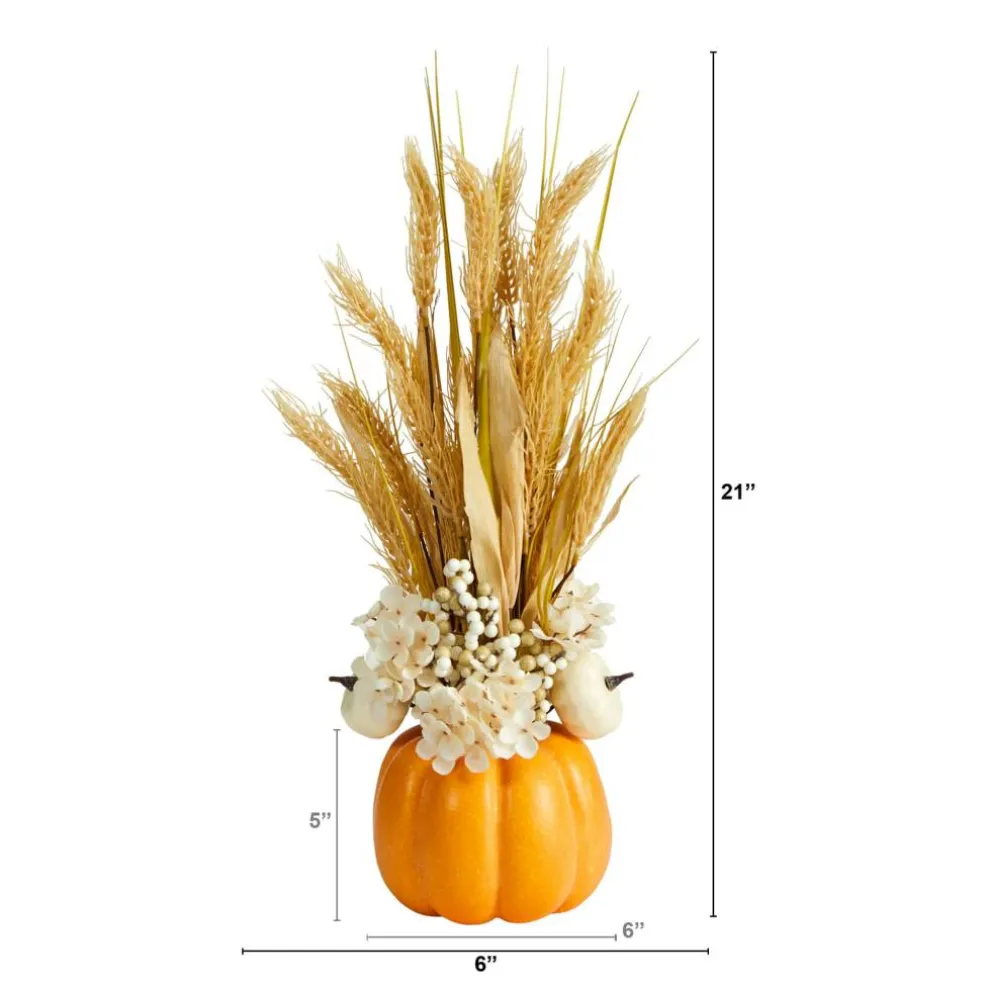 21" Dried Wheat And Pumpkin Fall Arrangement In Pumpkin Vase