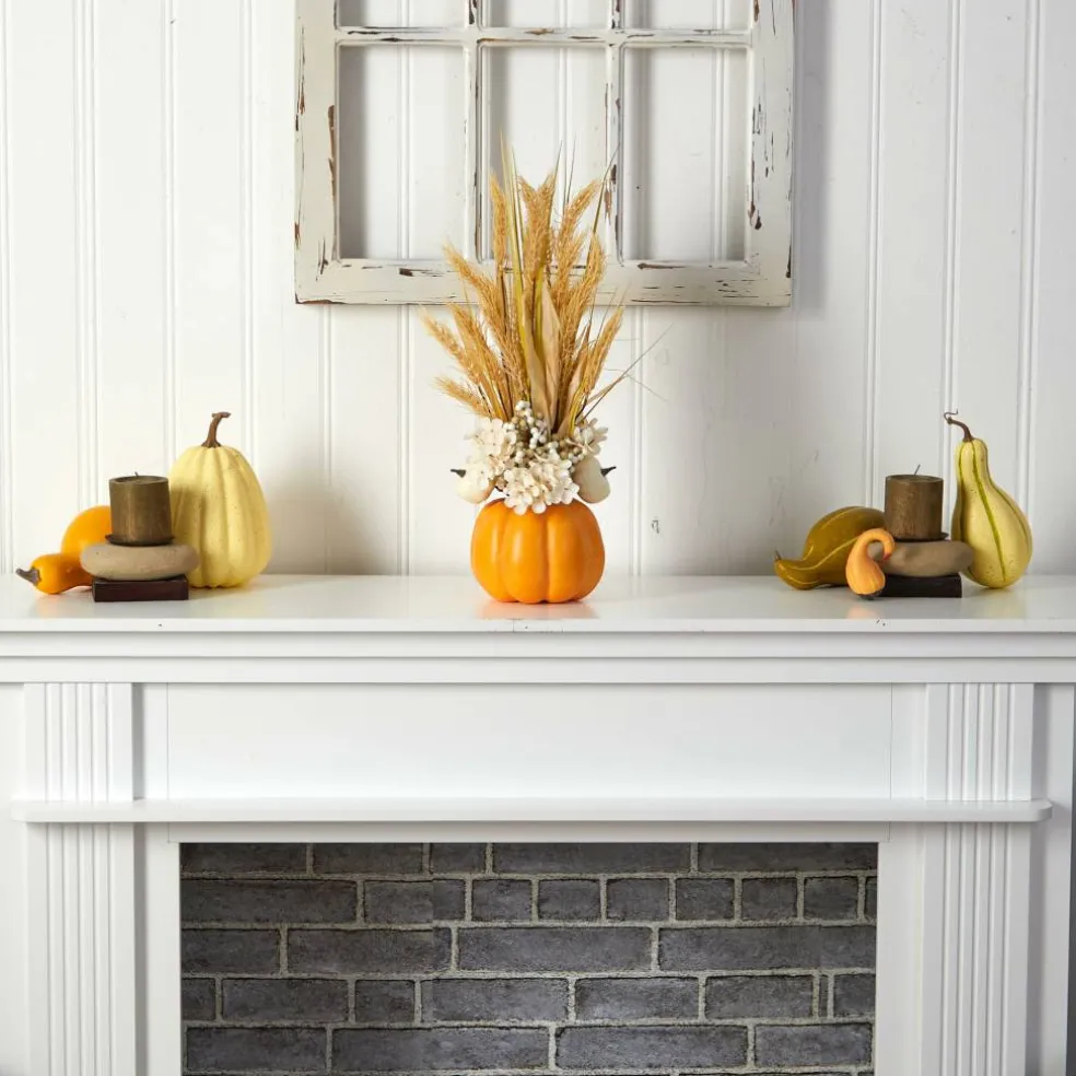 21" Dried Wheat And Pumpkin Fall Arrangement In Pumpkin Vase