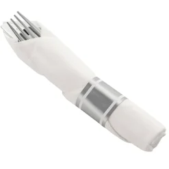 Durable Silver Plastic Cutlery in White Napkin Rolls Set - (100 Guests)