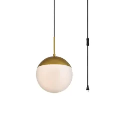 Eclipse 1 Light Brass plug in pendant With Frosted White Glass