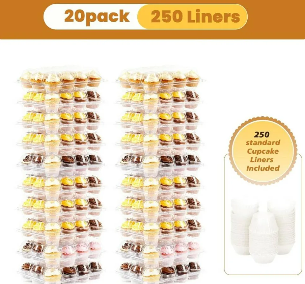 Edge Collections - 12 Cup Capacity - Clear - Stackable Cupcake Carrier with Cupcake Liners for Baking, Parties & Gifting - 20 Pack