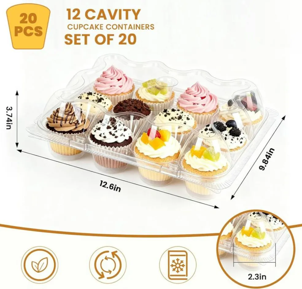 Edge Collections - 12 Cup Capacity - Clear - Stackable Cupcake Carrier with Cupcake Liners for Baking, Parties & Gifting - 20 Pack