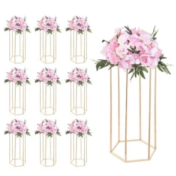 Edge Collections - Gold - Hexagonal Wedding Flower Stand with Acrylic Top for Wedding, Party & Centerpiece Display - 10 Pieces 1 Set