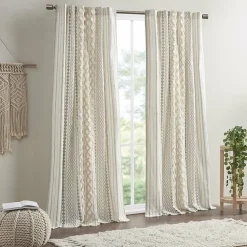 Edge Collections - 50" x 95" - Ivory - Cotton Printed Curtain Panel with Chenille Stripe Lining - 1 Piece