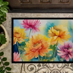 Edge Collections - 18" x 27" - Multicolor - Chrysanthemums Watercolor Doormat Non-Slip Washable - 1 Piece