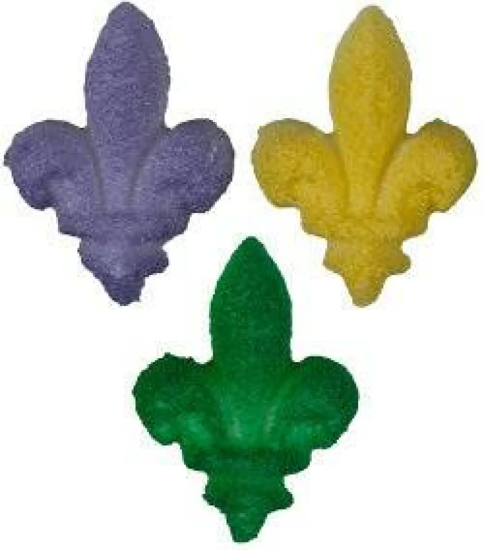 Edible Fleur-de-Lis Royal Icing Decorations – Purple, Yellow & Green (12-Count)