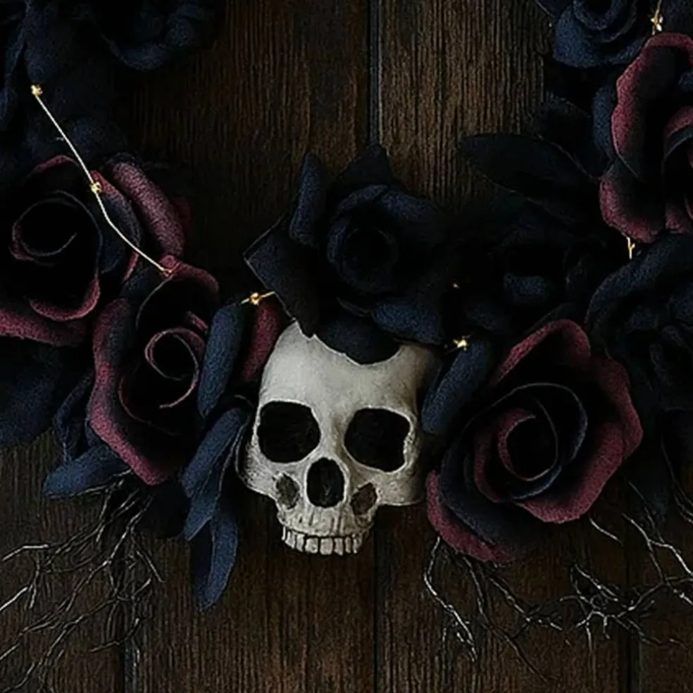 Eerie Dead Roses Skull Light-Up Halloween Wreath 23.5"