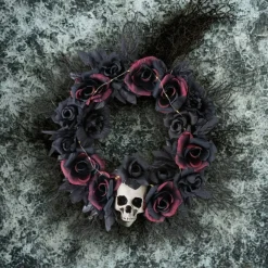 Eerie Dead Roses Skull Light-Up Halloween Wreath 23.5"
