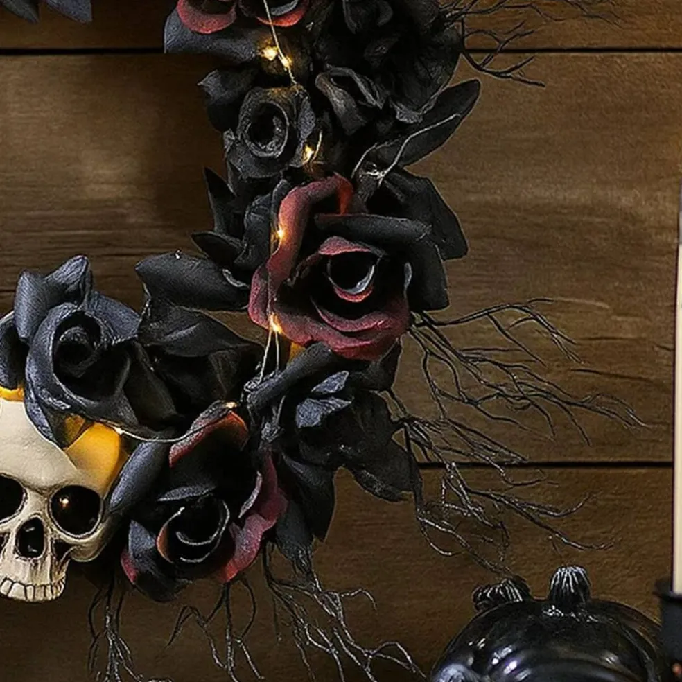Eerie Dead Roses Skull Light-Up Halloween Wreath 23.5"