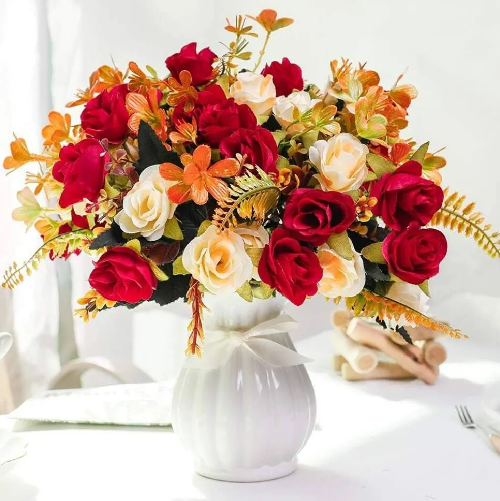 Elegant Artificial Silk Rose Bouquet with Vase – Perfect for Home, Office & Event Décor