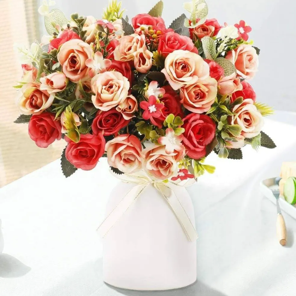 Elegant Artificial Silk Rose Bouquet with Vase – Perfect for Home, Office & Event Décor
