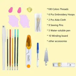 Embroidery Kit 141 Pcs,100 Colors Threads,6 Pcs Embroidery Hoops,2 Pcs Aida Cloth,9 Sewing Pins,Cross Stitch Tools and Embroidery Starter Kit for Adults and Kids Beginners