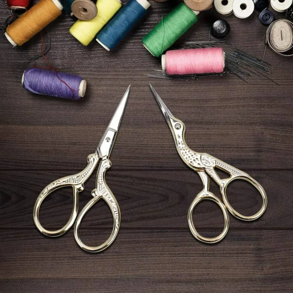 Embroidery Scissors, Stainless Steel Sharp Stork Scissors for Sewing Crafting, Art Work, Threading, Needlework - DIY Tools Dressmaker Small Shears - 2 Pcs (3.6 Inches, Gold)