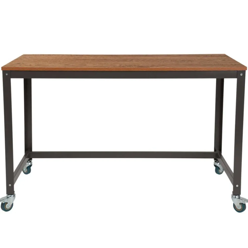 Emma and Oliver Computer Table and Desk in Wood Grain Finish with Metal Wheels