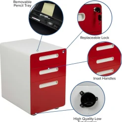 Emma and Oliver Ergonomic 3-Drawer Mobile Locking Filing Cabinet Storage Organizer