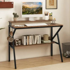 Engineered Wood Computer Desk with Metal Frame and Shelves