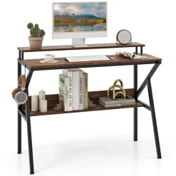 Engineered Wood Computer Desk with Metal Frame and Shelves