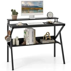 Engineered Wood Computer Desk with Metal Frame and Shelves