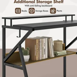 Engineered Wood Computer Desk with Metal Frame and Shelves
