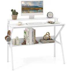 Engineered Wood Computer Desk with Metal Frame and Shelves