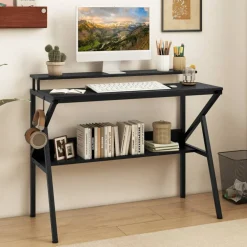 Engineered Wood Computer Desk with Metal Frame and Shelves