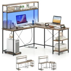 Engineered Wood L-Shaped Desk with LED Lights and Charging Ports