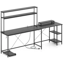 Engineered Wood L-Shaped Desk with LED Lights and Charging Ports