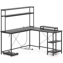 Engineered Wood L-Shaped Desk with LED Lights and Charging Ports