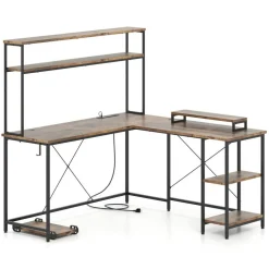 Engineered Wood L-Shaped Desk with LED Lights and Charging Ports