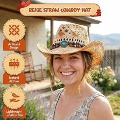 4E's Novelty Beige Cowboy Hat Straw for Women, Large Breathable Woven Raffia coastal cowgirl hat