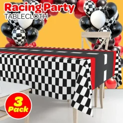 4E's Novelty 3 Checkered Racing Theme Tablecloth Plastic 54x108 Road Table Covers Racetrack Table Runner for Race Car Birthday Party Supplies Decorations