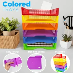 4E's Novelty 6 Colorful Plastic Trays for Teachers, Durable Turn in Trays, Classroom Paper Organizers, Stackable Storage Baskets for Office Desk, Classroom Organization Supplies, 13.3"L x 9.2"W x 3"H