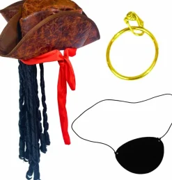 4E's Novelty Eye Patch, Pirate Hat with Dreadlocks Hair & Red Bandana (3 Pcs Set) - Pirate Accessories for Costume, Cosplay & Birthday Party Decors